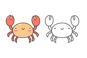 Hand drawn cute crab. Marine life animals. Coloring page template vector