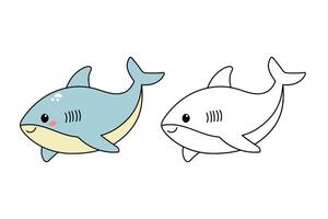 Hand drawn cute shark. Marine life animals. Coloring page template vector