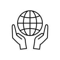 Hands holding globe outline icon. Editable stroke. Logo for fundraising, donation or charity event vector