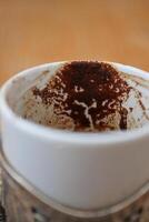 top view of empty coffee cup on table , photo