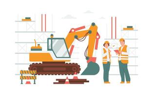 Inspector land development manager holding tablet on construction site with excavators preparing for laying foundation concept illustration vector