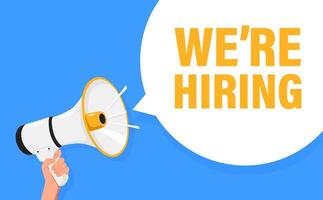 We are hiring. Hand hold megaphone speaker for announce. Attention please. Shouting people, advertisement speech symbol vector