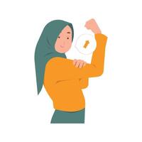 Powerful strong muslim woman raises arms and shows biceps, inner strength concept illustration vector