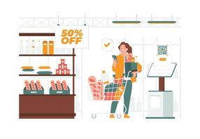 tienda de comestibles compras conveniencia Tienda yo revisa pago qr código escanear a pagar concepto ilustración vector