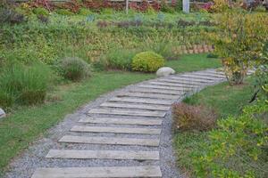 A wooden walkway winding through a garden with lush grass and trees photo