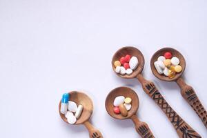 Top view of colorful pills on spoon with copy space photo