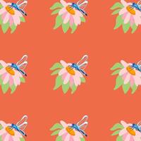 Seamless pattern wildflower daisy dragonfly Plant flower graphic card Orange poster banner Spring summer fabric clothing Coral backdrop packaging wallpaper textile cover vector