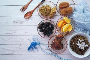 Foods decorated on table for Ramadan, top view photo