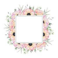 Anemone rose flowers and leaves. Isolated hand drawn watercolor frame of pink poppies. Summer floral wreath for wedding invitations, cards, packaging of goods vector