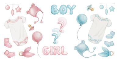 Set of accessories for newborns. Boy or girl. Bodysuit, soother, cap, socks, toy pyramid, teether. Baby gender reveal party. Isolated watercolor illustrations for kids good, shop, cards, baby shower vector