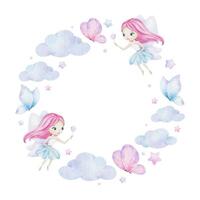 Cute little fairy with magic wand, stars, butterflies, clouds. Isolated Watercolor round frame. Children's background for kid's goods, postcards, baby shower and children's room vector
