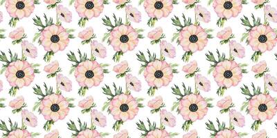 Anemone rose flowers and leaves. Isolated hand drawn watercolor seamless pattern of pink poppies. Summer floral background for wedding design, textiles, wrapping paper, scrapbooking vector