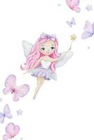 Cute little fairy with a magic wand and light blue wings. Isolated watercolor illustration. For kid's goods, clothes, postcards, baby shower and children's room vector