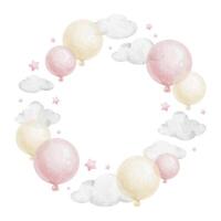 Frame of pink air balloons clouds and stars . Watercolor isolated hand drawn illustration. Wreath for postcards, decoration of children's rooms and party, Baby shower and birthday cards vector