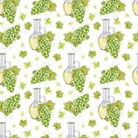 Bunch of green grapes, Jug with grape seed oil and leaves. Decanter with grape juice. Watercolor seamless pattern background. For fabric, packaging paper, scrapbooking, product packaging design vector