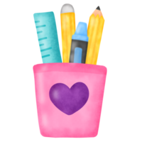 Pink cup filled with colorful pencils png