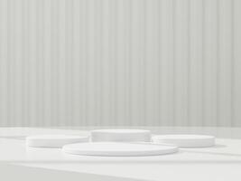 Abstract white 3D room with realistic white cylinder pedestal podium set. Minimal scene for product display presentation. 3D rendering geometric platform. Stage for showcase. photo