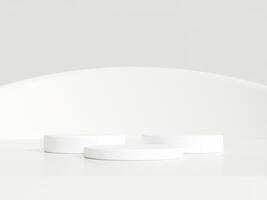 Abstract white 3D room with realistic white cylinder pedestal podium set. Minimal scene for product display presentation. 3D rendering geometric platform. Stage for showcase. photo