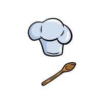 Chef hat. Wooden spoon. Cartoon drawn illustration. Cook white Clothes. Element of the restaurant and cafe vector