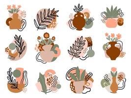 A set with different compositions in boho style. Vases with flowersgeometry vector