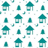 Houses and trees seamless pattern in emerald green flat style design for paper printing, textile, or wrapping paper vector