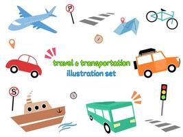 Travel and Transportation illustration set. Hand drawn doodle collection of transportation and travel. vector