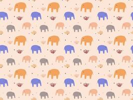 Colorful elephants in the wild seamless pattern for textile or wrapping paper printing. Children cartoon style elephants drawing pattern vector