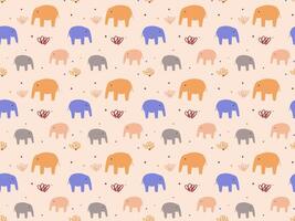 Colorful elephants in the wild seamless pattern for textile or wrapping paper printing. Children cartoon style elephants drawing pattern vector