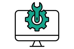 computer setting icon. computer with gear and wrench. icon related to information technology. flat line icon style. technology element illustration vector