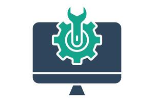 computer setting icon. computer with gear and wrench. icon related to information technology. solid icon style. technology element illustration vector