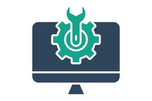 computer setting icon. computer with gear and wrench. icon related to information technology. solid icon style. technology element illustration vector