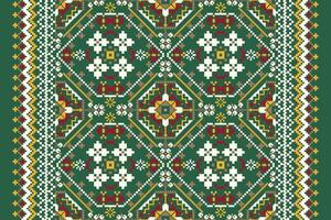 Geometric ethnic oriental pattern,flowers pixel art embroidery vector