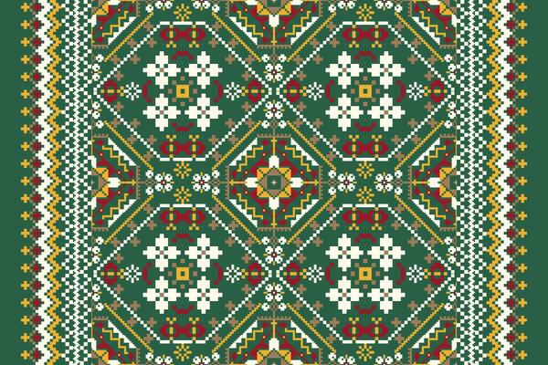 Geometric ethnic oriental pattern,flowers pixel art embroidery
