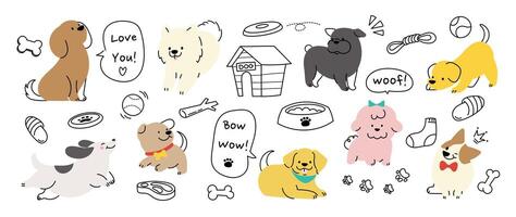 Cute dogs doodle set. Cartoon dog or puppy characters design collection with flat color in different poses, toy, ball, dog food, bowl. Set of funny pet animals isolated on white background. vector