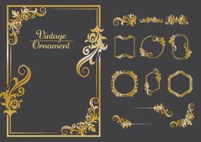 Set Of Golden Vintage ornament with border, frame, crown, ornate, mandala and luxury elements, suitable for vintage design or wedding invitation card, banner and label vector