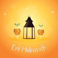 eid Mubarak celebracion póster diseño con mezquita ilustración, creciente Luna y luces efecto en oscuro verde azulado y blanco antecedentes. vector