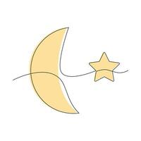 Moon and star drawn in one continuous line in color. One line drawing, minimalism. vector