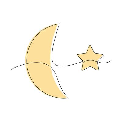 Moon and star drawn in one continuous line in color. One line drawing, minimalism.