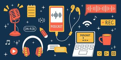 trendy set of podcast elements. Record and on air text. Interview or radio podcast. Collection of earphones, microphone, headphones, laptop, phone. Podcast recording and listening. vector