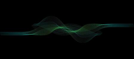 Abstract wavy dynamic blue green violet light lines curve banner on black background in concept technology, neural network, neurology, science, music, neon light vector