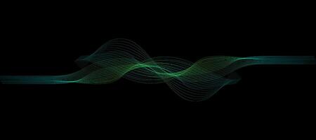 Abstract wavy dynamic blue green violet light lines curve banner on black background in concept technology, neural network, neurology, science, music, neon light vector