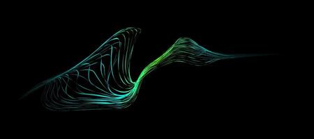 Abstract wavy dynamic blue green violet light lines curve banner on black background in concept technology, neural network, neurology, science, music, neon light vector