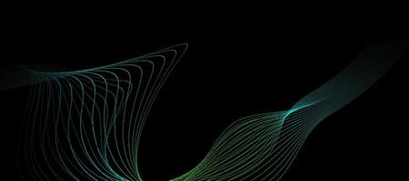 Abstract wavy dynamic blue green violet light lines curve banner on black background in concept technology, neural network, neurology, science, music, neon light vector