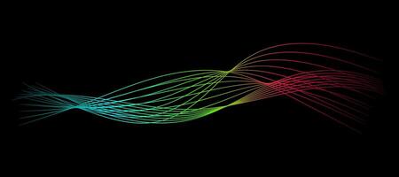 Abstract wavy dynamic blue green violet light lines curve banner on black background in concept technology, neural network, neurology, science, music, neon light vector