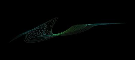 Abstract wavy dynamic blue green violet light lines curve banner on black background in concept technology, neural network, neurology, science, music, neon light vector