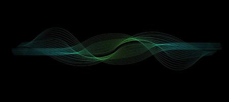 Abstract wavy dynamic blue green violet light lines curve banner on black background in concept technology, neural network, neurology, science, music, neon light vector