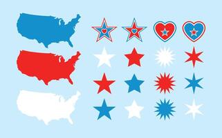 unido estados mapa silueta, país forma diseño, rojo blanco y azul decorativo estrellas y corazón íconos vector