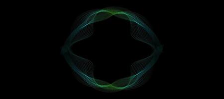 Abstract wavy dynamic blue green violet light lines curve banner on black background in concept technology, neural network, neurology, science, music, neon light vector