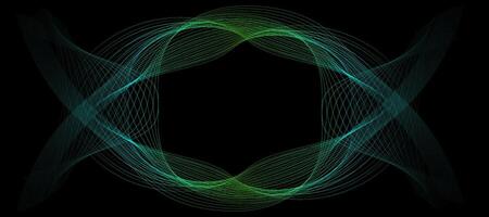 Abstract wavy dynamic blue green violet light lines curve banner on black background in concept technology, neural network, neurology, science, music, neon light vector