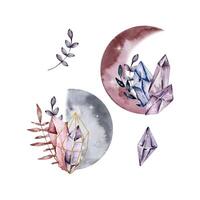 Watercolor moons with crystal and floral vector